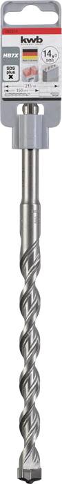 'kwb' concrete drill bit with 14 mm diameter, SDS-plus shank and tungsten carbide tip. Packaging displays the drill bit and technical specifications.