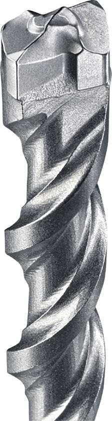 Close-up of a silver drill bit with spiral grooves.