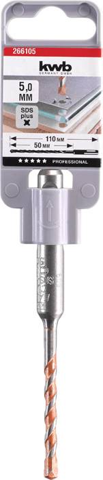 KWB drill replacement, 5 mm diameter, 110 mm length, suitable for concrete. Packaging shows product details and applications.