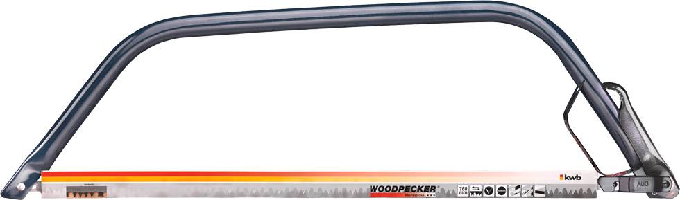 Bow saw with a metal frame and a wooden saw blade, suitable for rough woodworking. In the foreground, the distinctive red colouration of the blade.