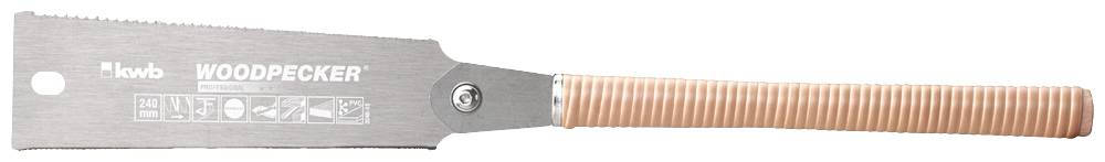 Handsaw with a brown handle and silver blade, brand 'Woodpecker'. Blade shows cutting direction and application symbols.