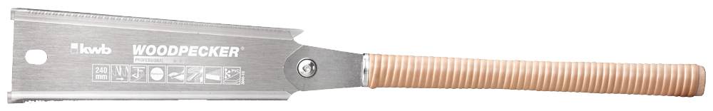 Japanese saw with a rectangular metal blade and orange handle, suitable for fine woodworking.