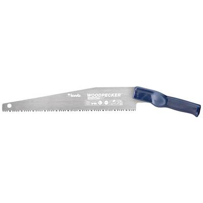 Hand saw with blue handle and teeth for woodworking. Brand name and application symbols shown on the blade.