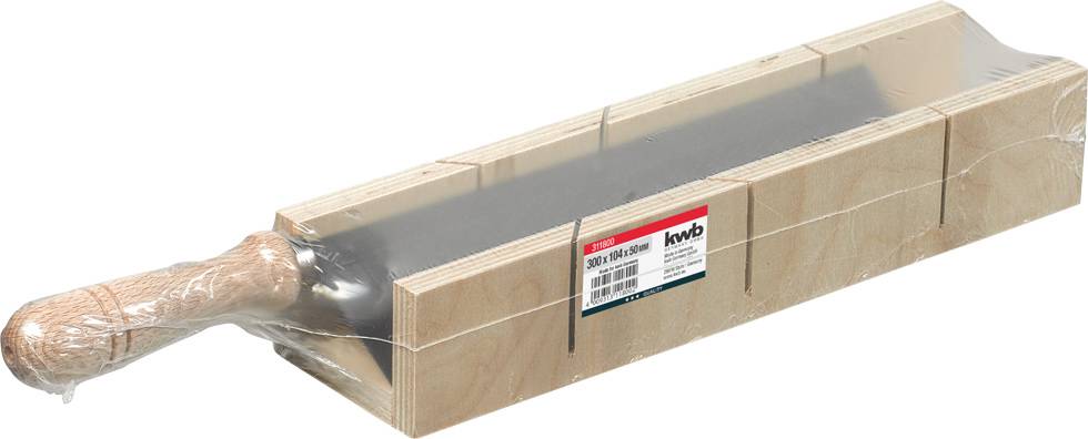 Wooden and metal saw with wooden handle, stored in a plastic-covered wooden box with company label.