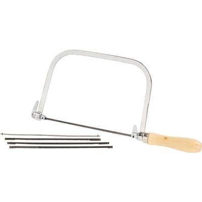 The image shows a hacksaw with a wooden handle and four replacement saw blades beside it. Suitable for precise cuts in wood and metal.