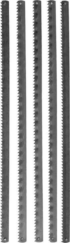 Five long, straight saw blades with regular teeth, positioned side by side.