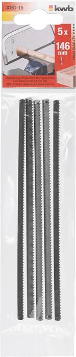'Set of 5 scroll saw blades, 146 mm in length, shown in original packaging, with red label displaying product information and image.'