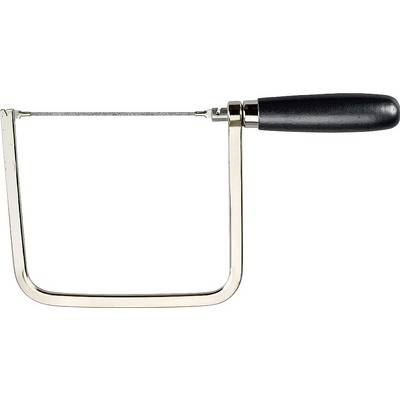 Metal saw with a black-textured handle and narrow metal saw blade, suitable for precise cuts in metal or thin materials.