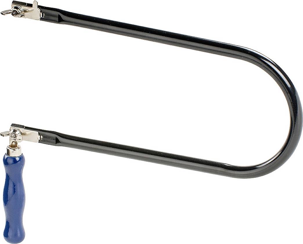 Metal saw with a blue handle and black, curved frame, suitable for fine sawing work.<br><br>Correction for British English:<br>Metal saw with a blue handle and black, curved frame, ideal for precision sawing.
