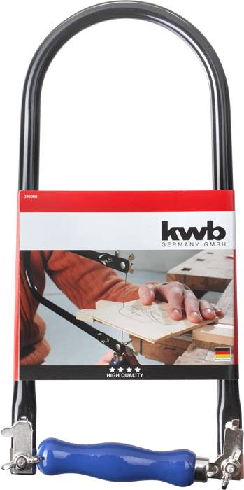 Bow saw by 'kwb Germany', showing an image of a person working wood with precise cuts. A German quality product.
