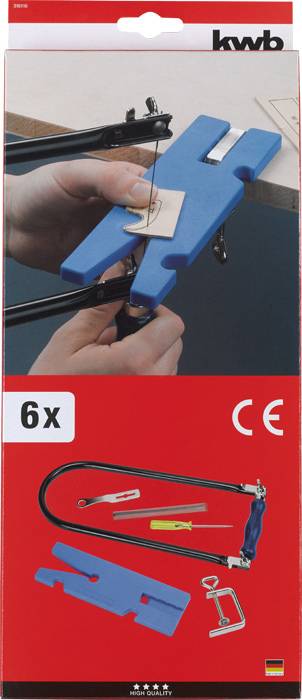 '6x Handsaw Set' packaging with an illustration of a hand securing a saw blade into a blue holder. Tools and components visible.