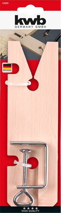 Wooden assembly clamp with metal screw by 'kwb GERMANY GMBH', packaged on red cardboard.