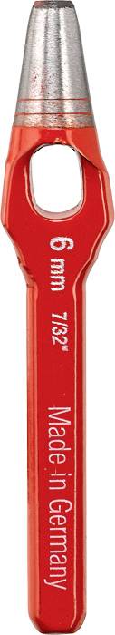 Red round hole punch with engraving '6 mm' and 'Made in Germany'.
