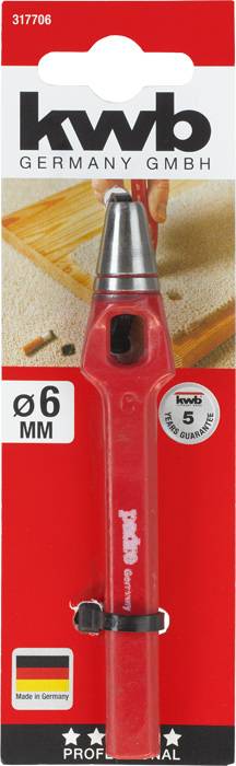 'kwb Germany GmbH' Wood Drill Bit on red packaging. Diameter 6 mm. Manufactured in Germany. Includes 5-year guarantee notice.