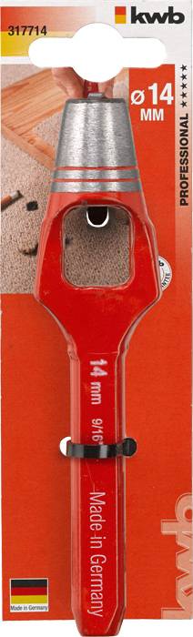 Red 14 mm hole punch with 'Made in Germany' inscription. Packaging displays brand logo, wooden surface with punched hole.