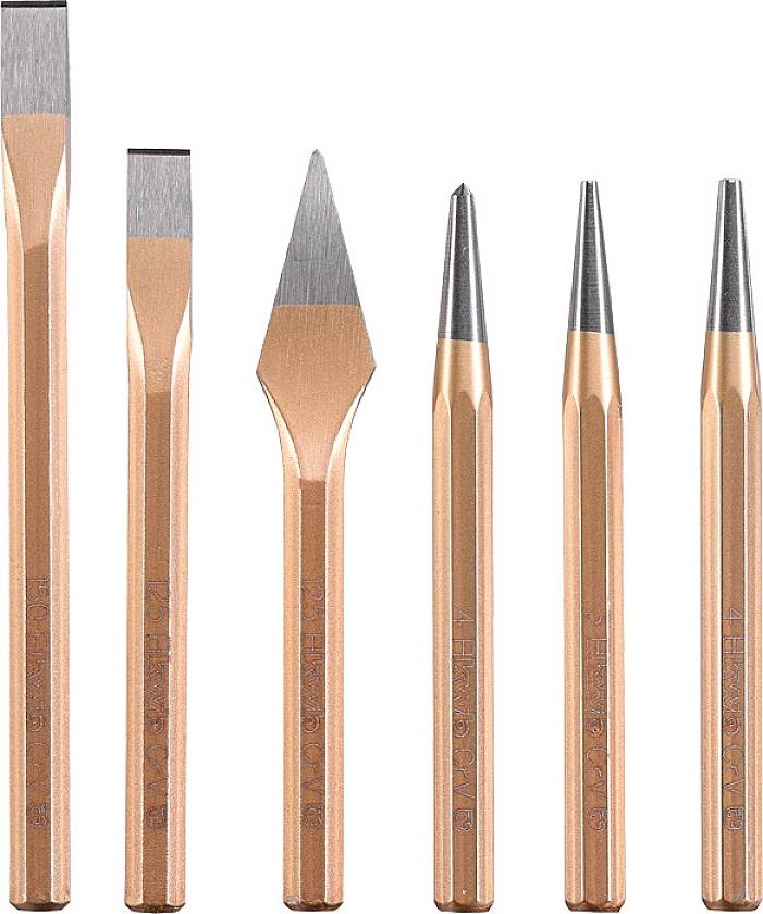 Six different chisels and punches made of copper in a row, arranged from flat to pointed, on a white background.