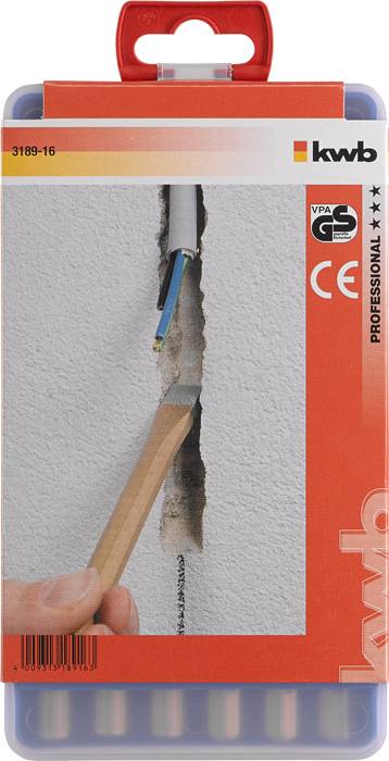 Packaging with illustrations of a chisel used to expose a cable channel in a wall. Trademark in the top right corner.