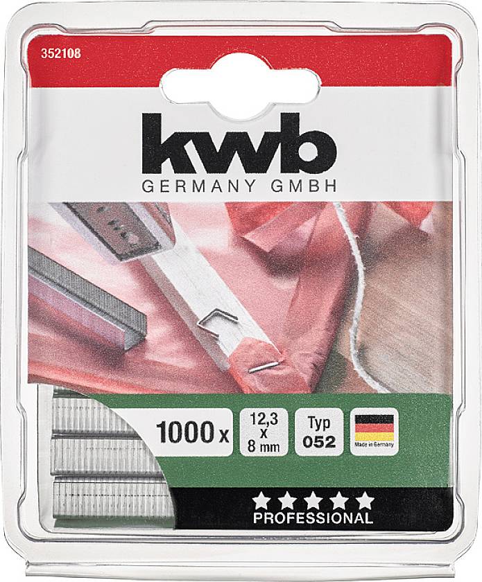 A pack of 1,000 staples by 'kwb', size 12.3 x 8 mm, Type 052. Packaging displays German flag and 'Professional'.
