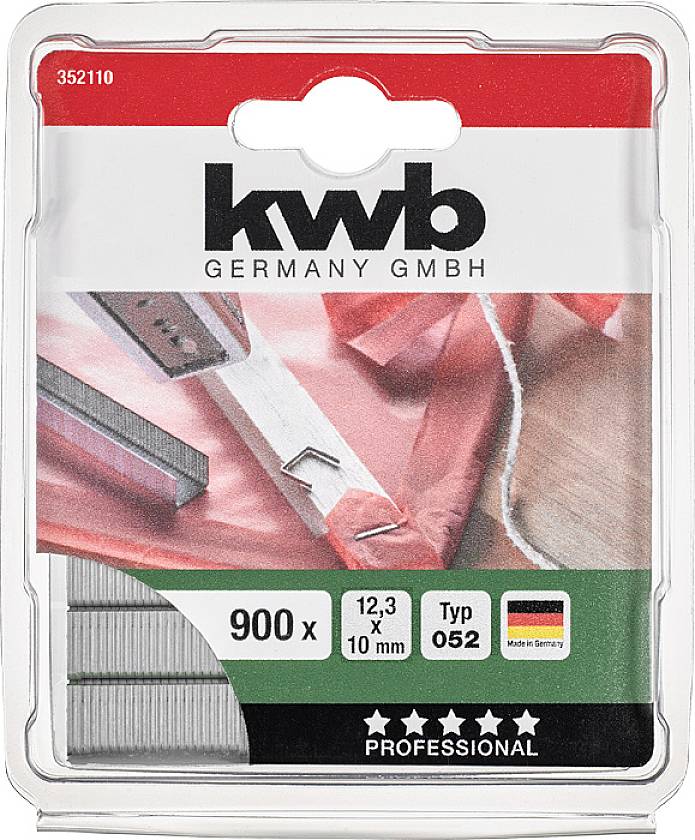 Packaging by kwb Germany GmbH with Professional Staples, Type 052, 900 pieces, Size 12.3 x 10 mm, manufactured in Germany.
