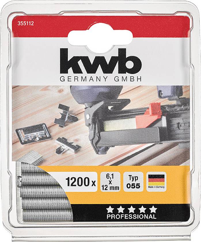Pack of 1200 staples, 6.1 x 12 mm, Type 055, by KWB Germany GmbH. Suitable for professional applications, manufactured in Germany.