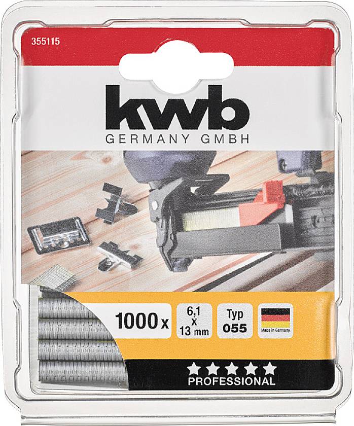 Packaging of 1000 KWB staples, Type 055, Size 6.1x13 mm, with an image of a stapling device. Made in Germany.