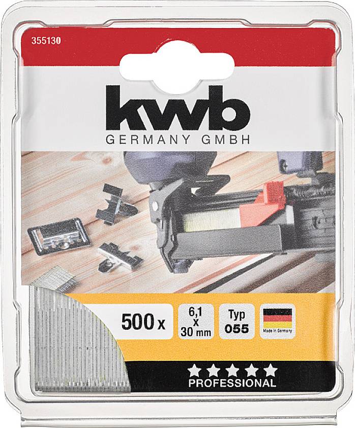 Pack of 500 staples, size 6.1 x 30 mm, Type 055, under the brand name 'kwb Germany GmbH'. Made in Germany.