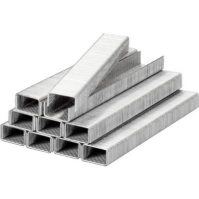 A stack of silver staples, piled up in a pyramid-shaped arrangement.