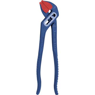 A blue adjustable pipe wrench with a red handle. It is slightly open, revealing teeth designed for gripping pipes or fittings.
