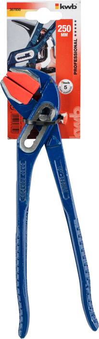 A blue water pump pliers with red jaws in front of a package displaying '250 mm'.