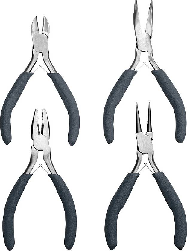 Four different pliers with black handles: side cutters, long-nose pliers, flat-nose pliers and round-nose pliers, arranged side by side.