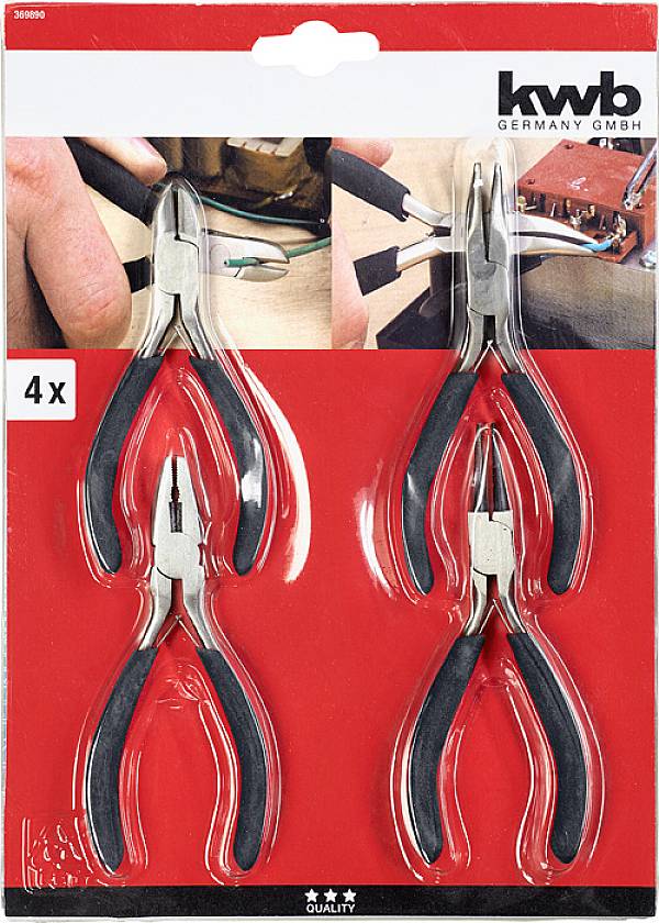'Four Pliers Set by kwb Germany GmbH. Image shows details and applications of pliers when working with wires in an electrical circuit.'