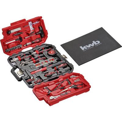 'Red tool kit with various hand tools, including wrenches, pliers, and screwdrivers, displayed open; kwb branded case beside it.'