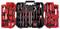 'Red and black toolset with screwdriver, hammer, pliers, wrench, tape measure, and additional tools organized in a carrying case.'