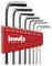 A set of eight L-shaped hex keys in different sizes, from 6.0 to 1.5 mm, held in a red holder labeled 'kwb Germany GmbH'.