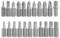 'Twenty metal screwdriver bits of various types and sizes in two rows, including flathead, Phillips, and hex, with engraved labels.'