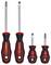 'Set of four screwdrivers with different head types and sizes, featuring red and black ergonomic handles, against a white background.'
