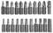 A set of 22 metallic screwdriver bits in various shapes and sizes, arranged in two rows, for different screw head types.