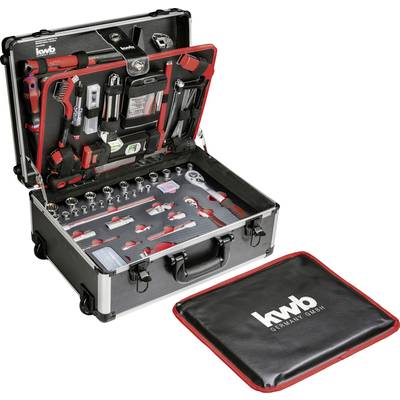 An open tool case with numerous tools, including screwdrivers, pliers and socket wrenches. The case bears the logo 'kwb Germany GmbH'.