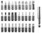 A set of various screwdriver bits in an organised arrangement, each with a different size and shape, on a light grey background.