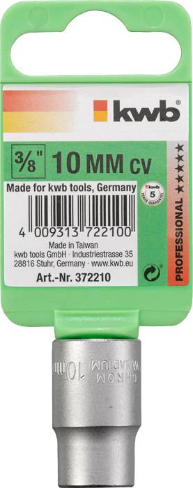 Socket Adaptor 10 MM for 3/8 inch Drive, Manufacturer: kwb tools, Taiwan, Article No. 372210, green packaging, professional.