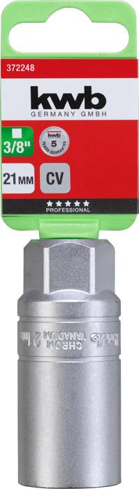 Socket insert, 21 mm, by 'kwb Germany GmbH', with 3/8" drive. Packaging shows five stars for professional use.