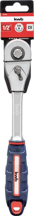 'Ratchet wrench with ergonomic handle and 1/2 inch drive, displayed on a card with red and black design.'