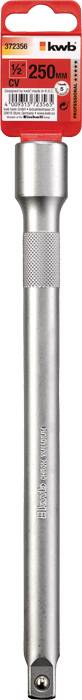 Silver ratchet extension by KWB, 250mm long, with a red label at the upper end showing product information.