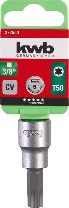 'Kwb Germany GmbH' Torx Bit T50, 3/8" CV, packaged in a green, red and silver design, suitable for professional use.