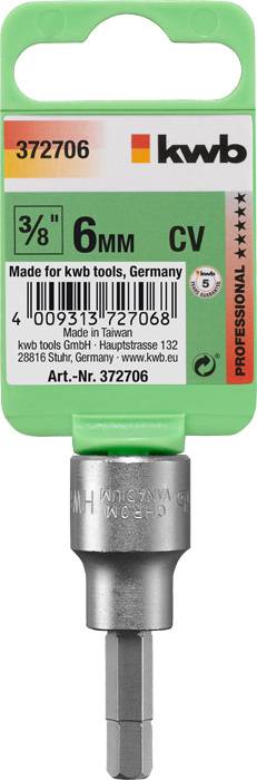 Drill bit, 3/8 inch, 6 mm, CV steel. Brand 'kwb'. Article number 372706. Country of origin: Taiwan. Packaging emphasises professionalism.