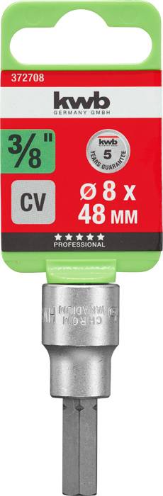 Socket with 3/8 inch drive, ø 8 x 48 mm, made from chrome vanadium steel. Manufactured by kwb, with green and red packaging design.
