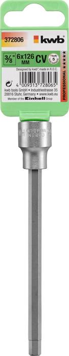 'Silver hexagonal socket attachment with green label. Inscription: '3/8 x 6 x 126 mm CV'. Tool for screw-related work.'