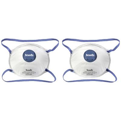 Two white respiratory masks with blue straps and a blue valve in the centre, each marked with 'kwb' and protective standard.