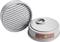 Two round filter cartridges for respirator masks, one showing the front with ventilation grilles, the other the back with labels.