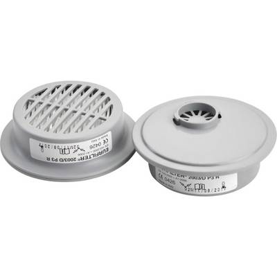 Two grey filters for respiratory masks, one with a grid pattern, one with a spiral design. Labelled with model and serial numbers.